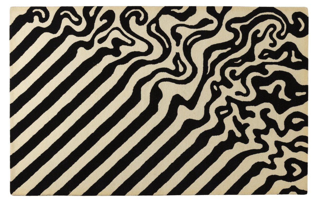 Ivory Black Lines - Handcrafted Wool Carpet - Wool - 7*5 ft