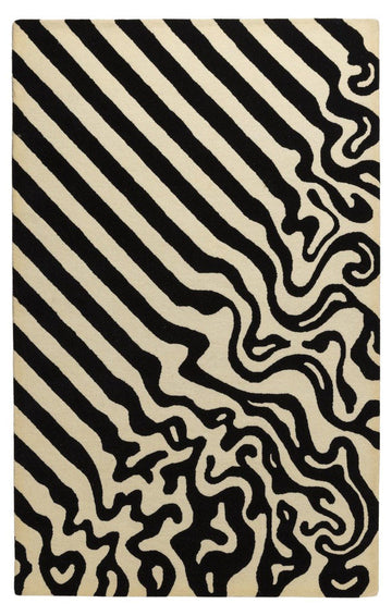 Ivory Black Lines - Handcrafted Wool Carpet - Wool - 7*5 ft