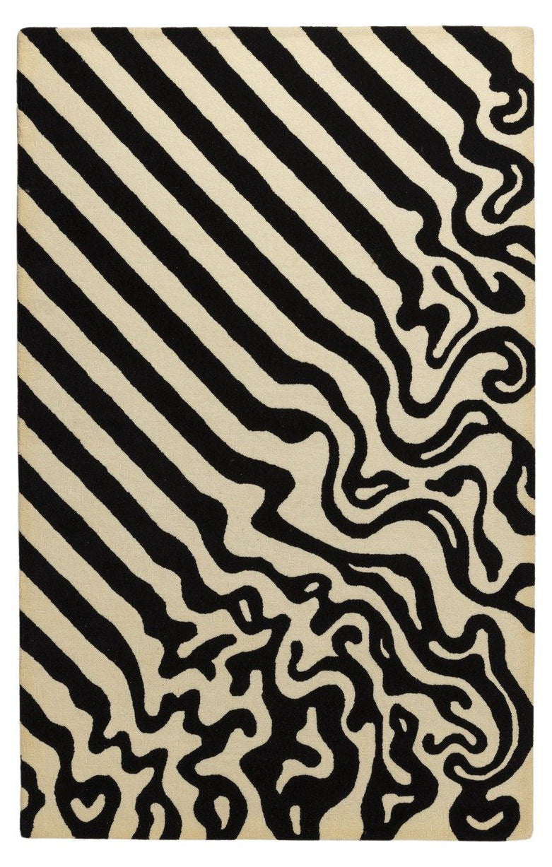 Ivory Black Lines - Handcrafted Wool Carpet - Wool - 7*5 ft