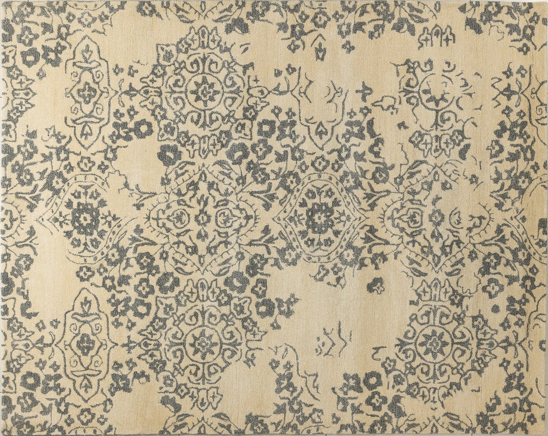 Ivory Heritage Bloom – Handcrafted Silk Wool Rug - 60% New Zeland Wool + 40% Silk - 8*10