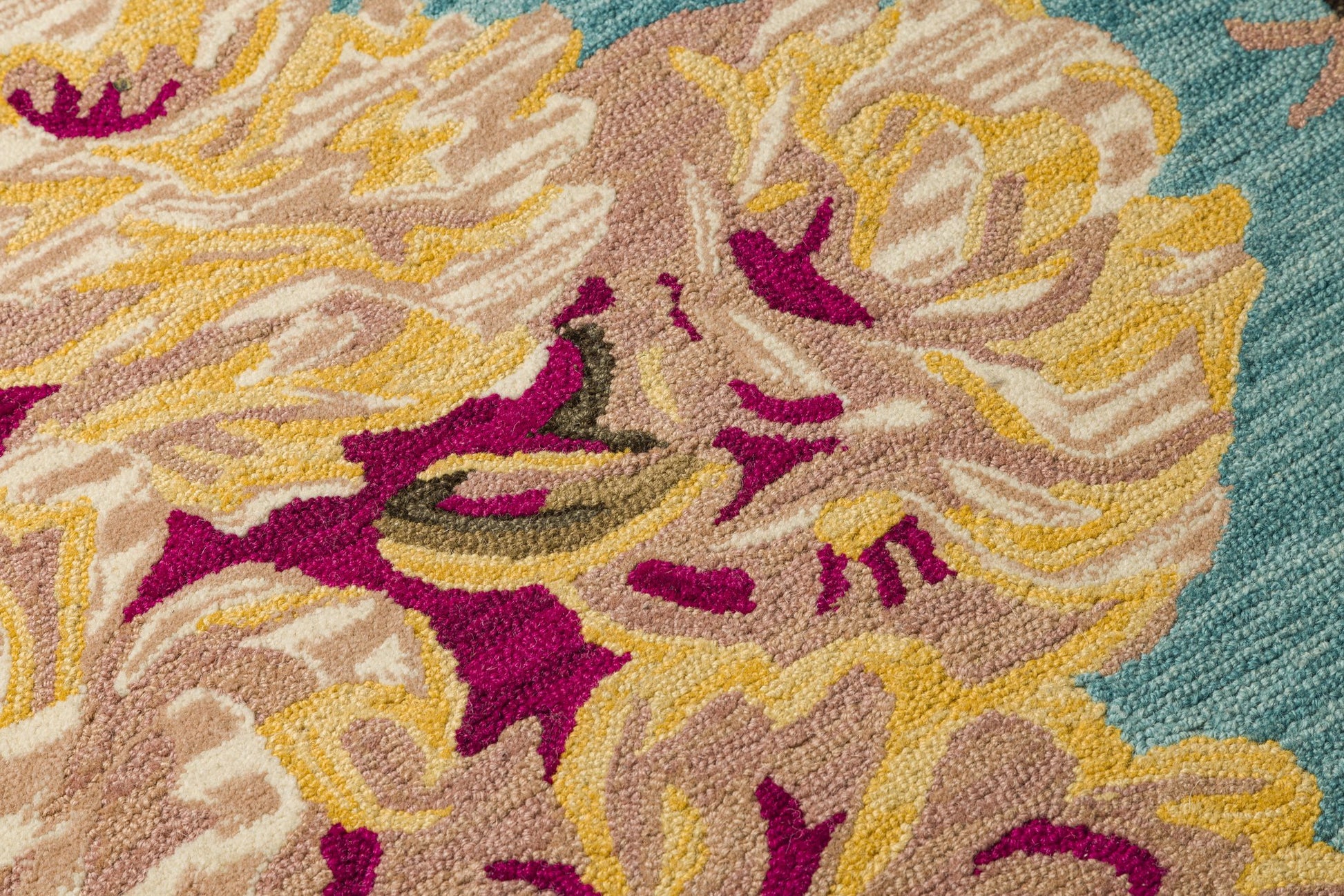 Blooming Teal Garden - Hadncrafted Wool Carpet - 100% Wool - 8*5