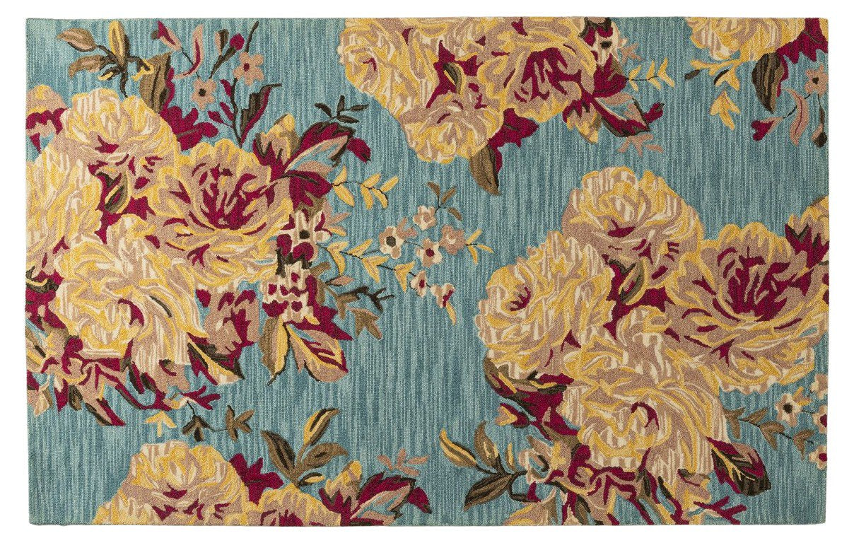 Blooming Teal Garden - Hadncrafted Wool Carpet - 100% Wool - 8*5