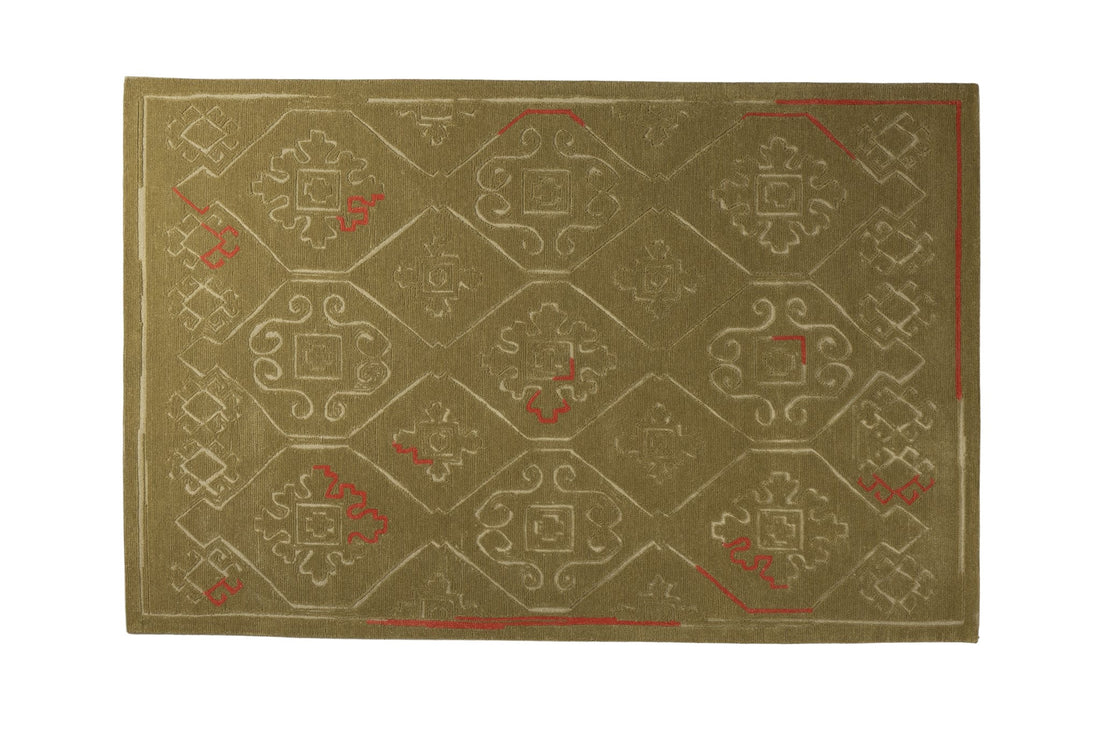 Olive Heritage Grid - Handcrafted Wool Carpet - 100 % Wool - 8*5 ft