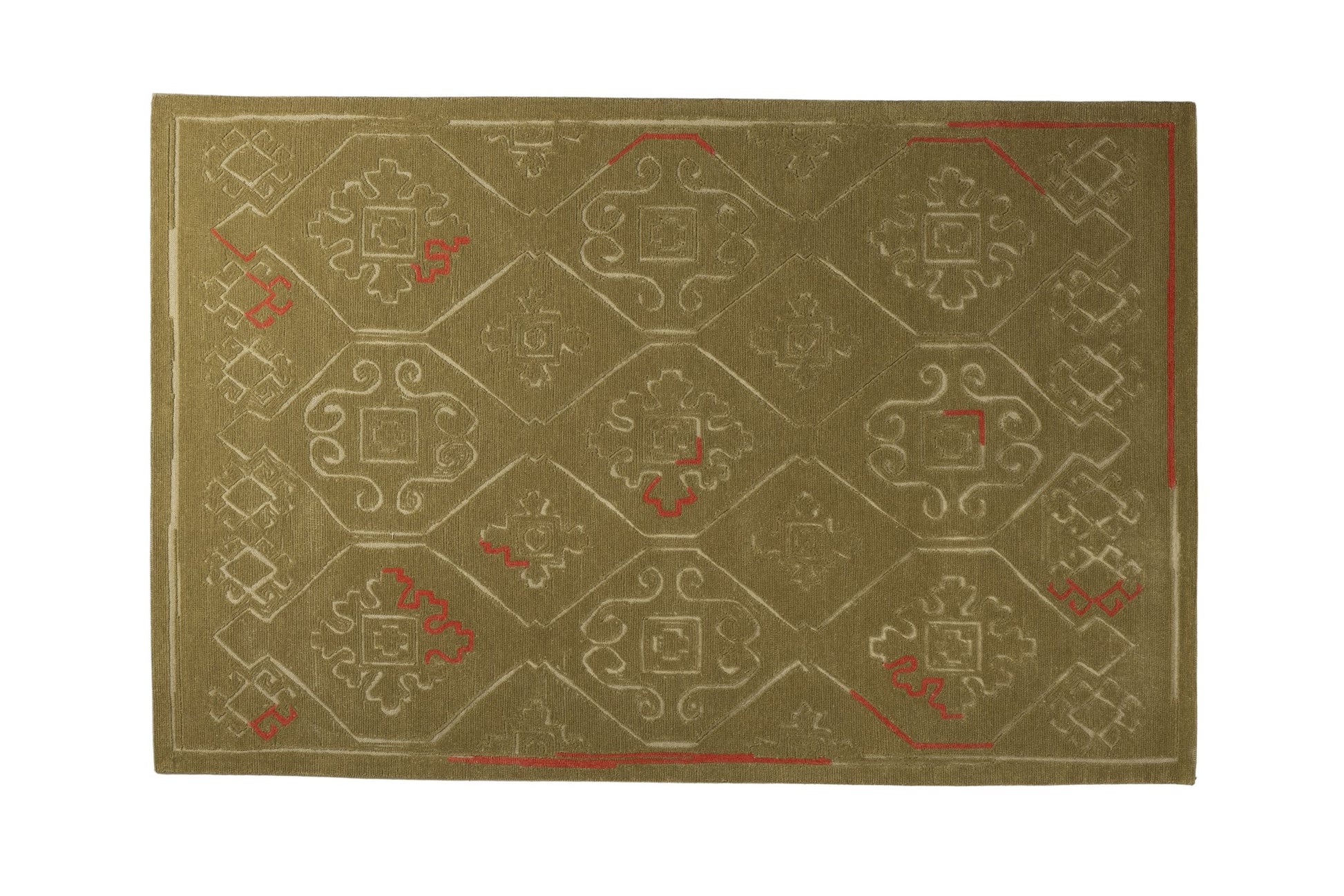 Olive Heritage Grid - Handcrafted Wool Carpet - 100 % Wool - 8*5 ft