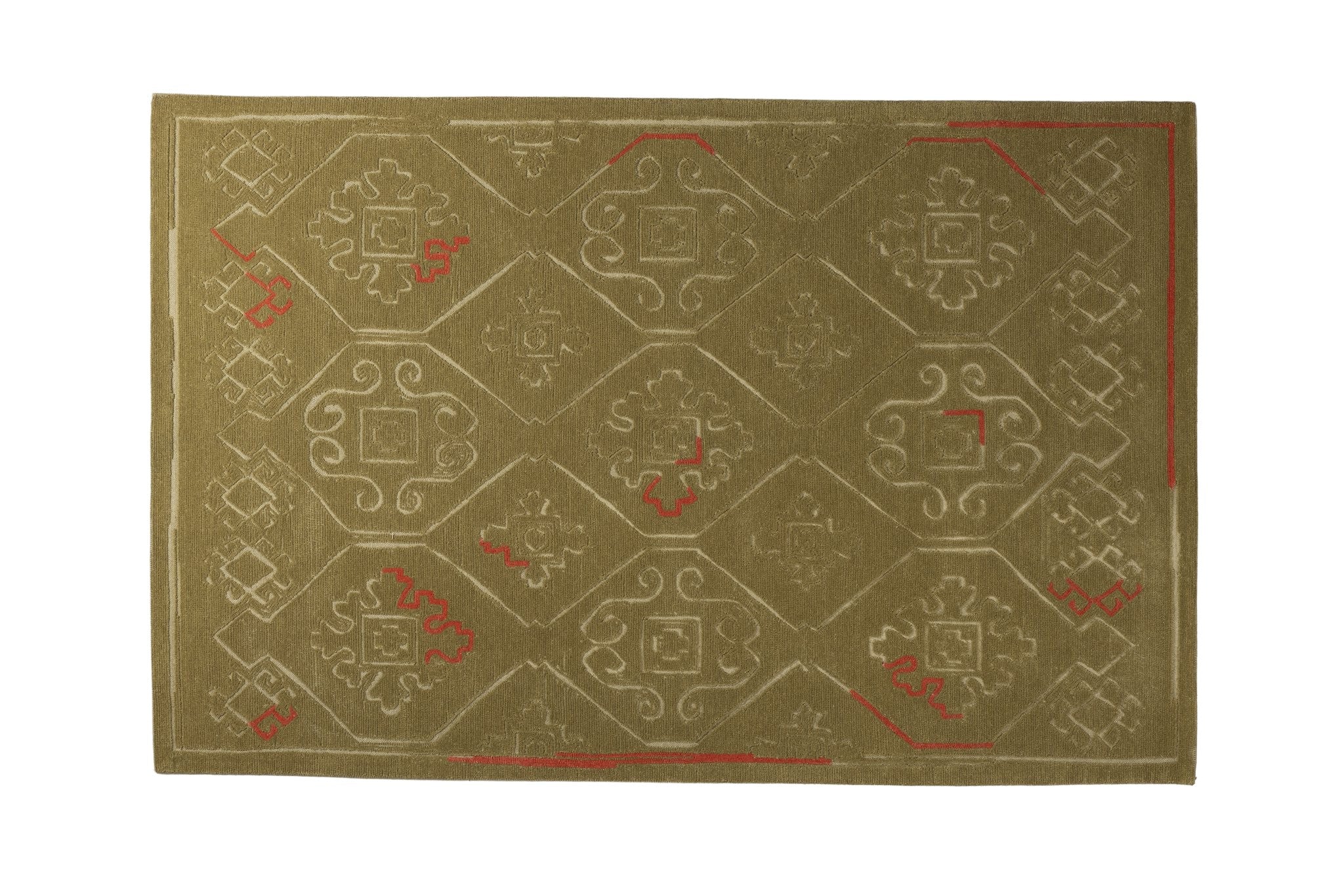 Olive Heritage Grid - Handcrafted Wool Carpet - 100 % Wool - 8*5 ft