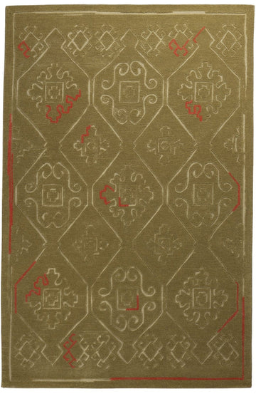Olive Heritage Grid - Handcrafted Wool Carpet - 100 % Wool - 8*5 ft