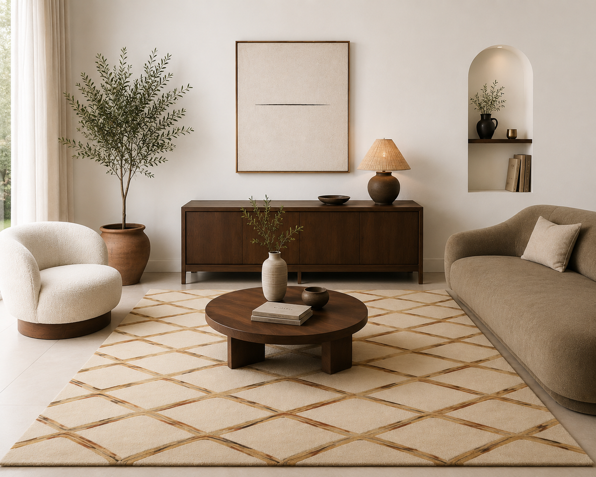 Amber Lattice Lines - Handcrafted Wool Carpet