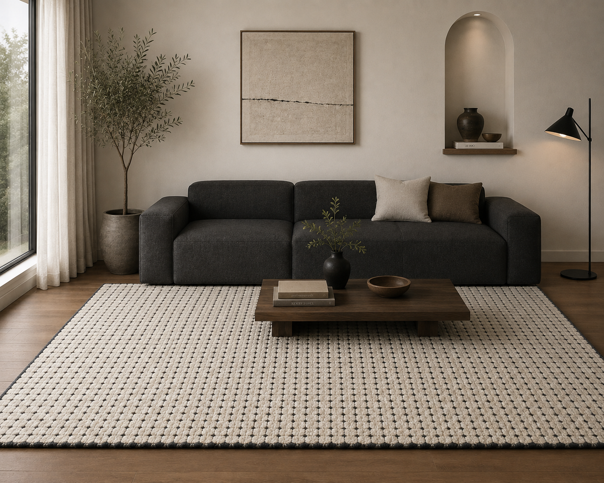 Ink Grid Whisper - Handcrafted Wool Carpet