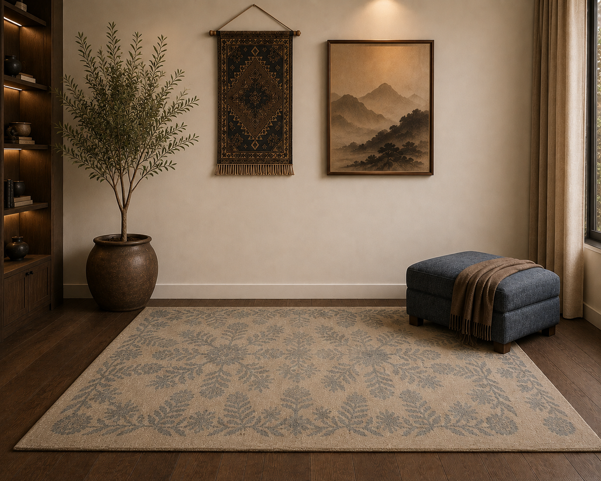 Blue Meadow Bloom - Handcrafted Wool Carpet
