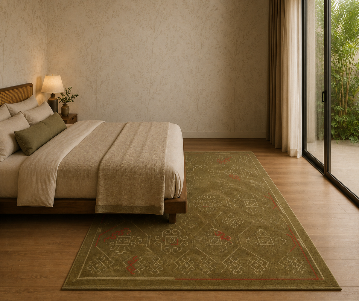 Olive Heritage Grid - Handcrafted Wool Carpet