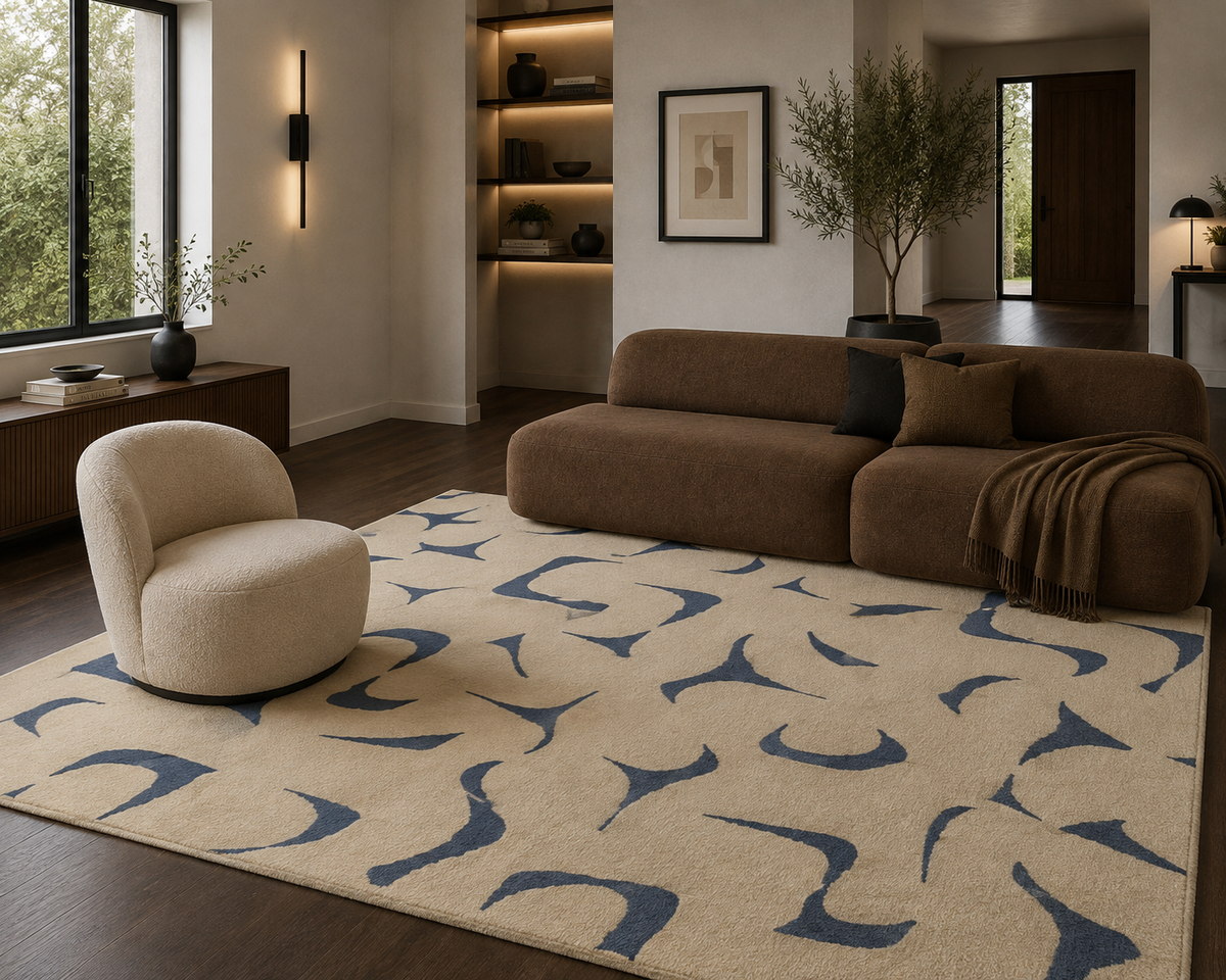 Blue White Motions - Handcrafted Wool Carpet