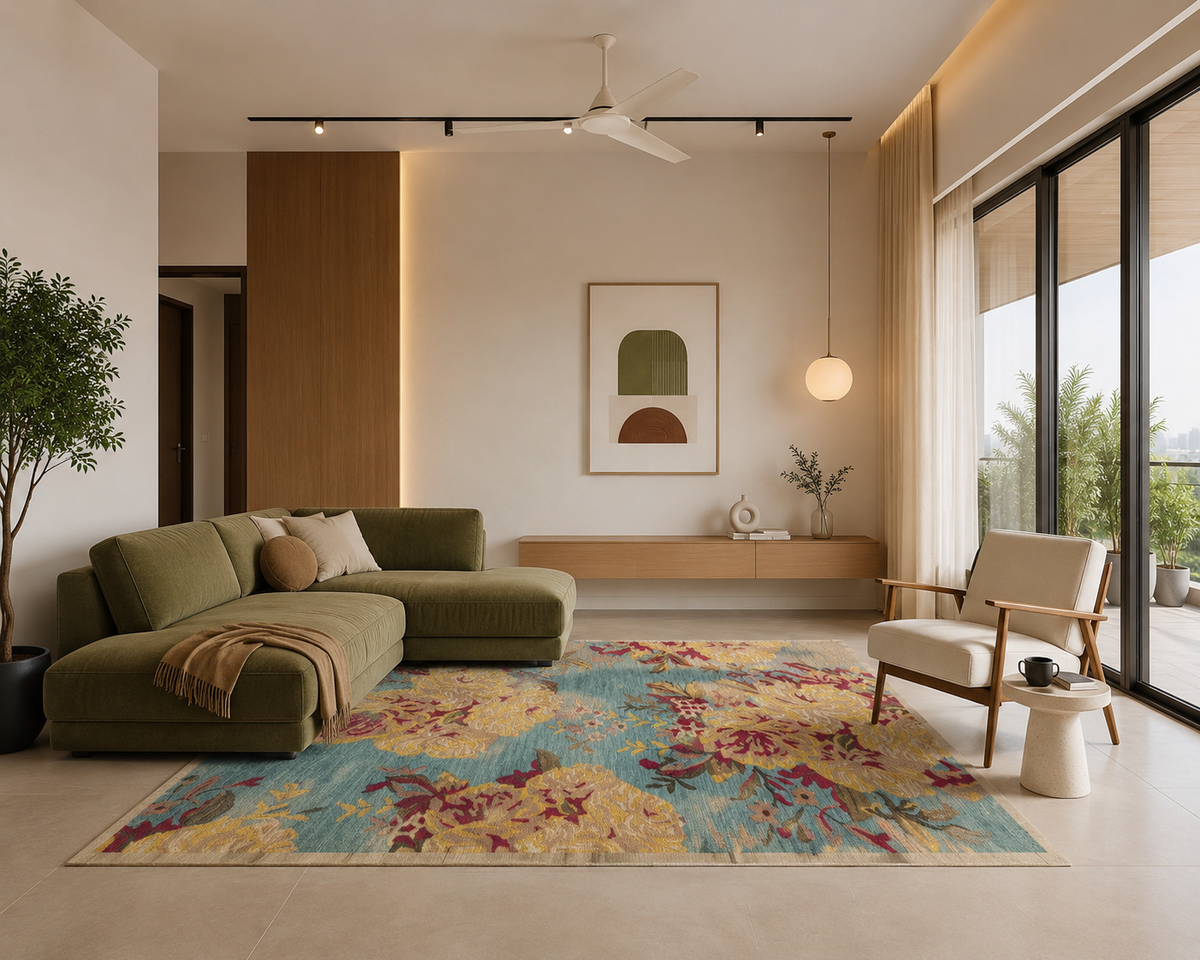 Blooming Teal Garden - Hadncrafted Wool Carpet