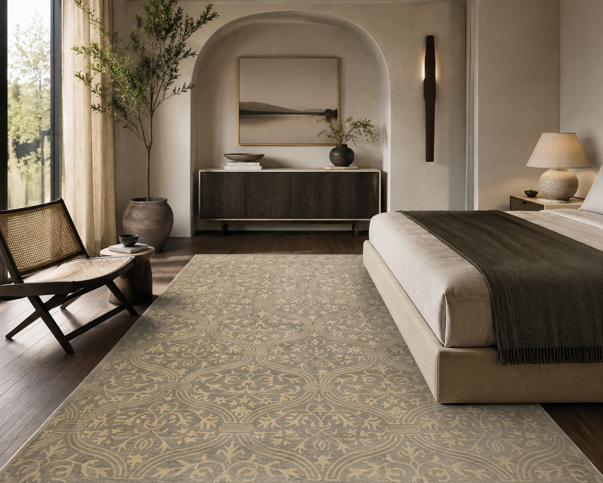 A large rectangular area rug with an intricate beige and taupe damask-style floral pattern, shown in a styled modern bedroom setting.