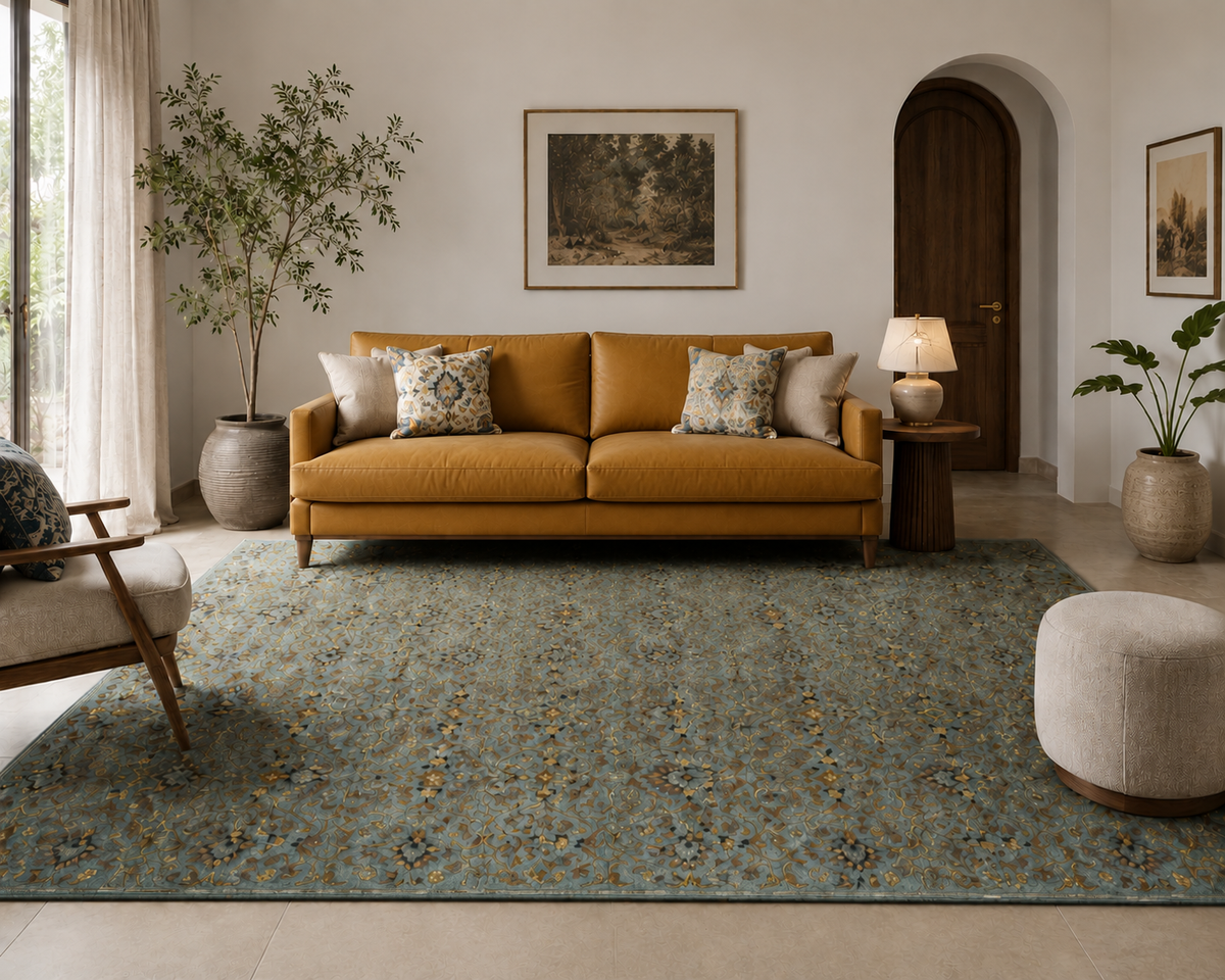 Teal Garden - Handcrafted Silk Wool Carpet