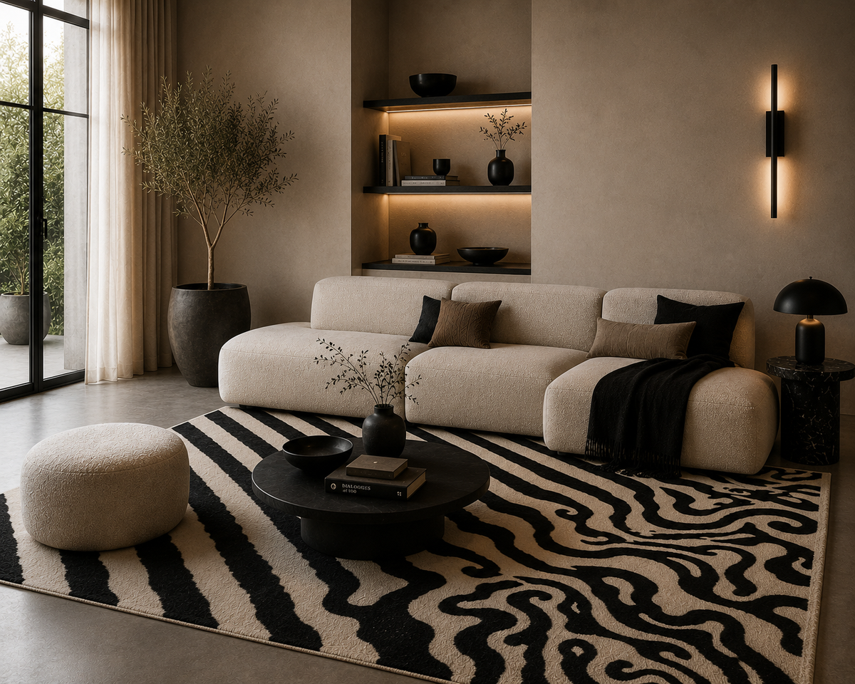 Ivory Black Lines - Handcrafted Wool Carpet