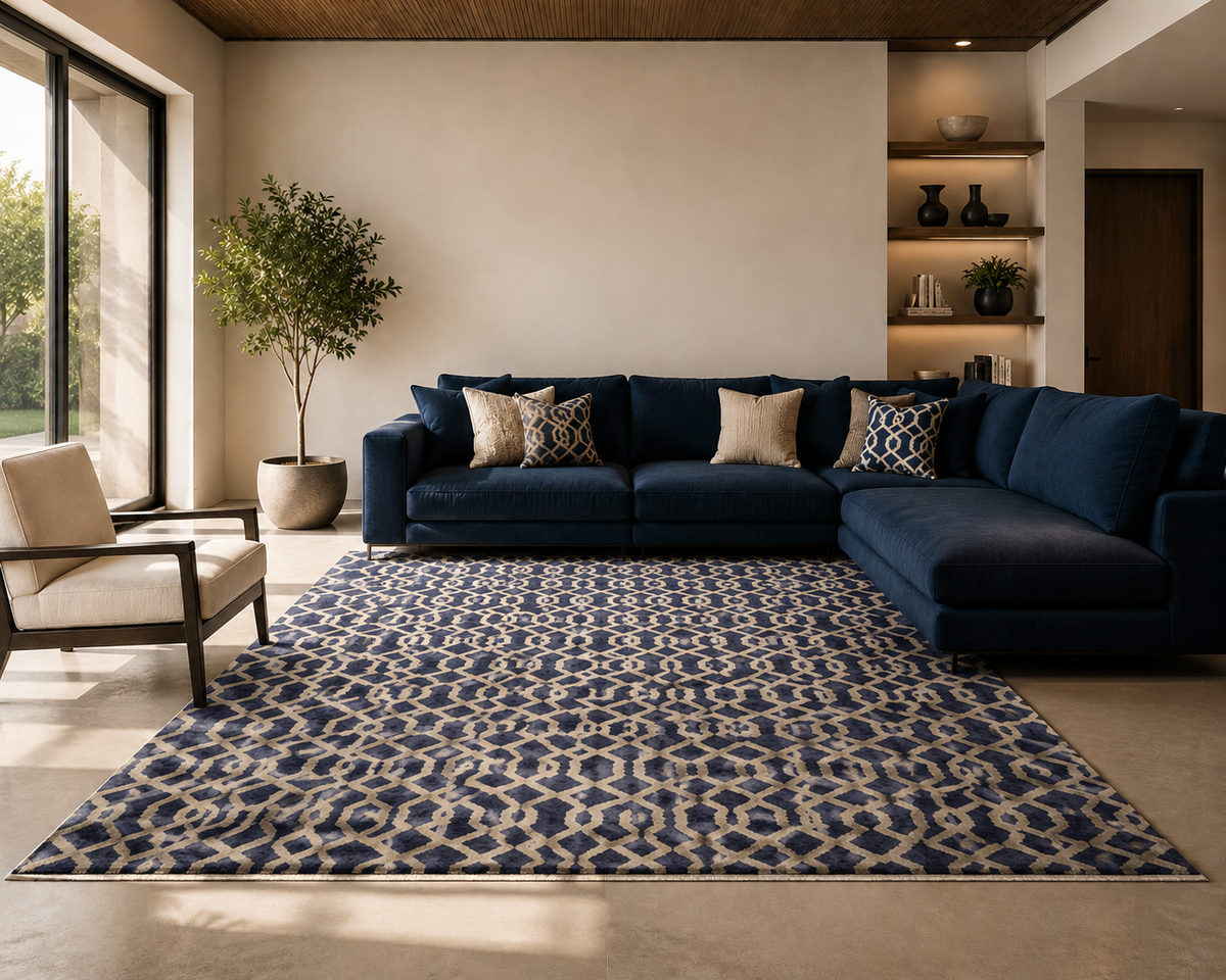 Blue Lattice – Handcrafted Wool Rug