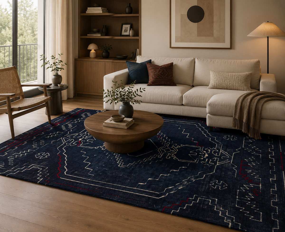 Indigo Tribal Crest - Handcrafted Wool Carpet
